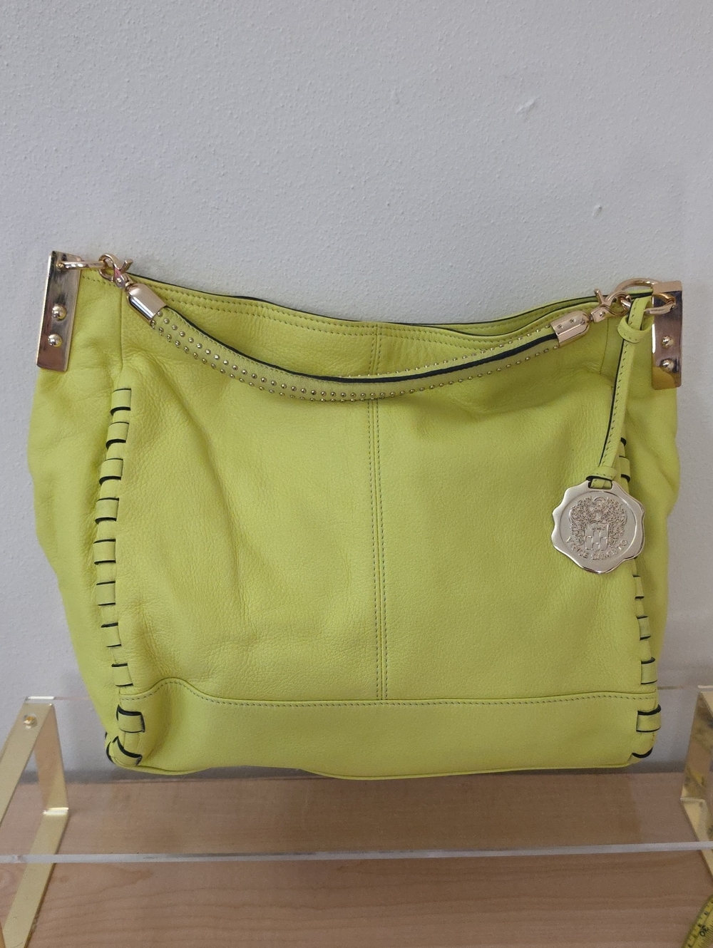 Vince Camuto Lime Green Leather Hobo Bag with Medallion Accent